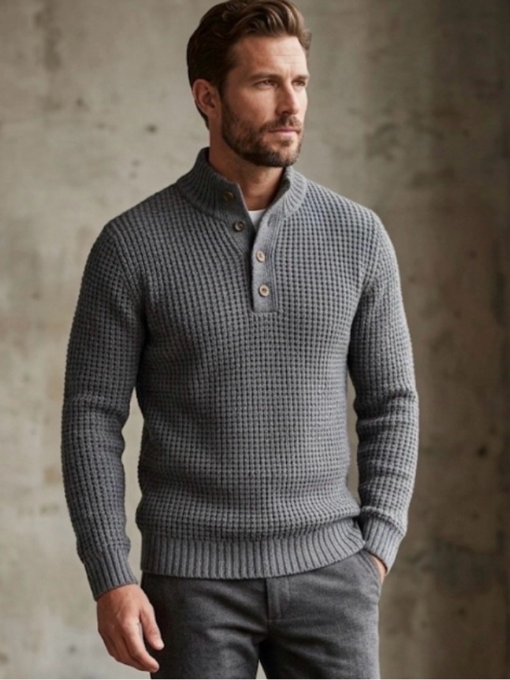 Men's Wool & Cashmere Blend Waffle Knit Henley Sweater - Large